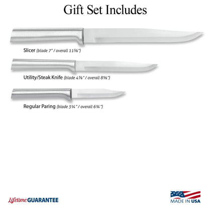 Rada Cutlery 3-Piece Housewarming Knife Gift Set (S02), Stainless Steel Hollow Ground Blades, Made in USA, Silver Handles