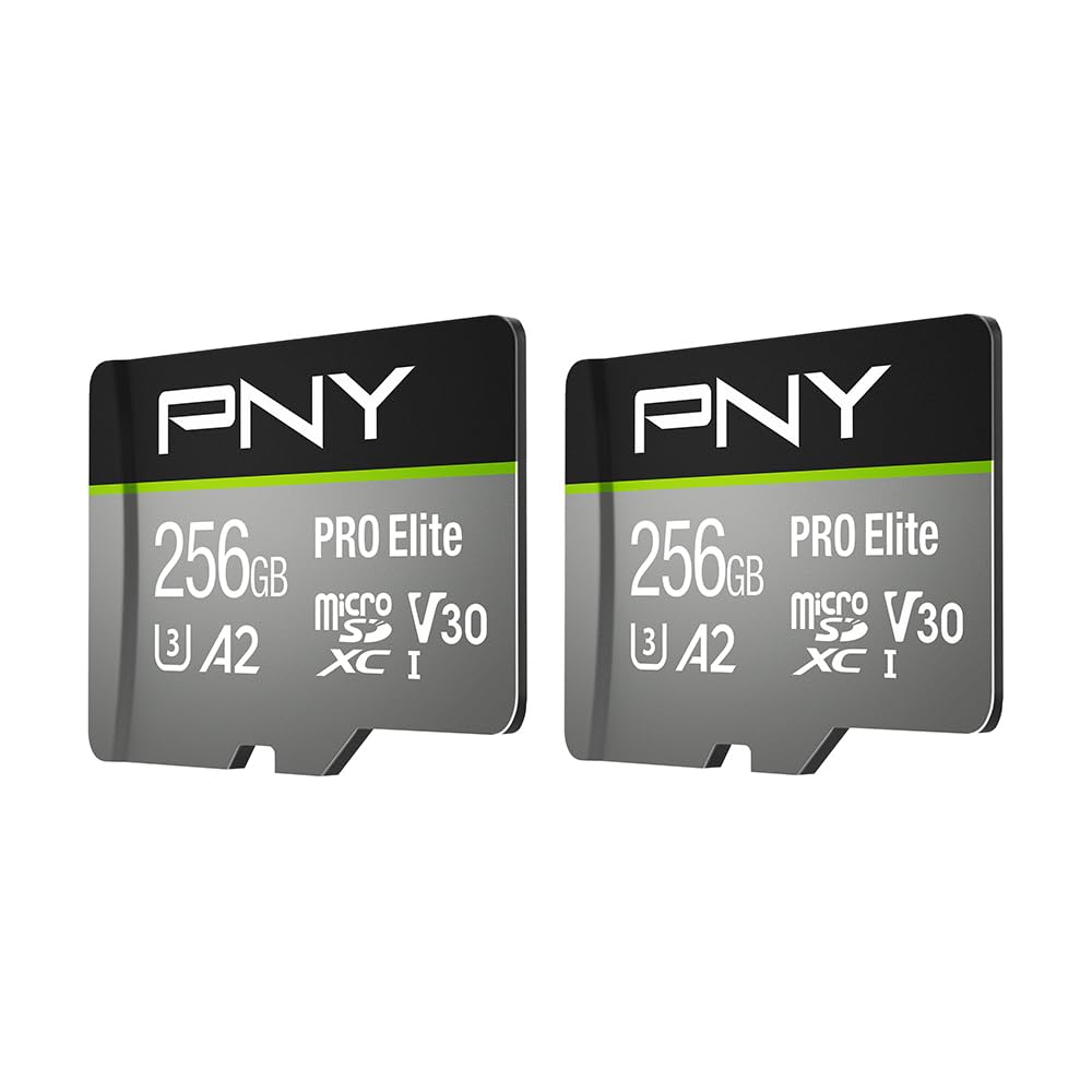 PNY 256GB PRO Elite™ Class 10 U3 V30 A2 microSDXC Flash-Speicherkarte 2er-Pack – Lesegeschwindigkeit bis zu 100 MB/s, Schreibgeschwindigkeit bis zu 90 MB/s, 4K UHD, Full HD, UHS-I, professionelle Leistung, Smartphones, Action-Kameras