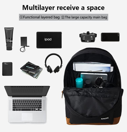 SUPACOOL Leichter Laptop-Rucksack mit USB-Ladeanschluss für Damen und Herren, Doppellagiger Rucksack für Uni, Arbeit, Reisen, Freizeit (Schwarz und Braun)