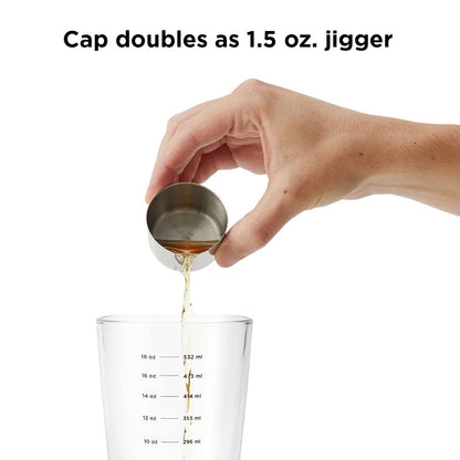 Rabbit Cocktailshaker aus Glas (530 ml) mit aufgedruckten Messskalen, Mehrzweck-Edelstahldeckel mit 44-ml-Messbecher und Sieb, 10 x 9 x 23 cm