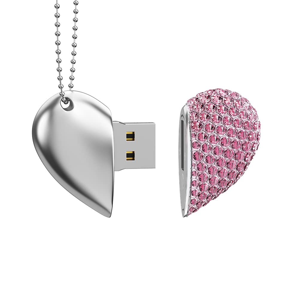 RAOYI 64GB Heart Shape USB 2.0 Flash Drive Crystal Memory Stick Thumb Drive Pen Drive Jump Drive Jewelry Pendant Necklace with Key Chain-Pink