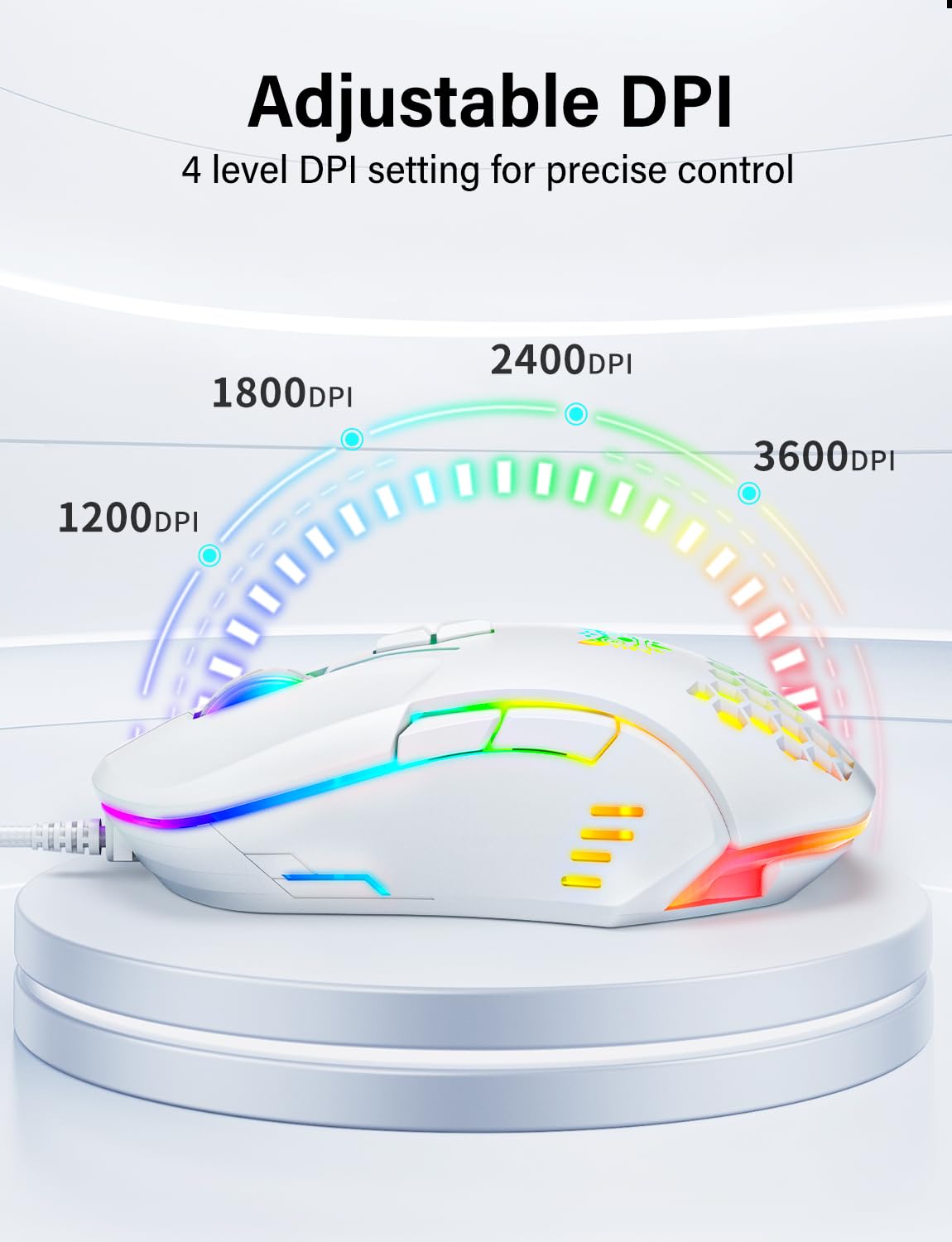 ONITOON Wired USB Mouse, Computer Mouse with RGB Lighting, 4 Adjustable DPI, Ergonomic Optical Office Mouse, 7 Buttons Corded Mice for Window/PC/Laptop/Desktop/Mac/Chromebook, White