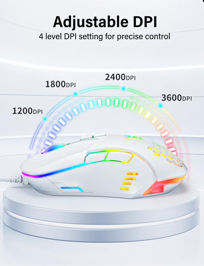 ONITOON Wired USB Mouse, Computer Mouse with RGB Lighting, 4 Adjustable DPI, Ergonomic Optical Office Mouse, 7 Buttons Corded Mice for Window/PC/Laptop/Desktop/Mac/Chromebook, White