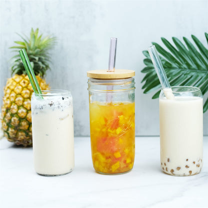 RENYIH 10 wiederverwendbare Glas-Smoothie-Strohhalme, 9'' x 12 mm Glas-Trinkhalme für Milchshakes, Tee, Saft, Set mit 5 geraden und 5 gebogenen Strohhalmen mit 2 Reinigungsbürsten - Spülmaschinenfest (Bunt)