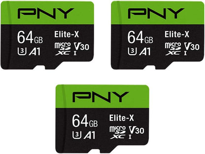 PNY 64GB Elite-X Class 10 U3 V30 microSDXC Flash Memory Card, 3 Count (Pack of 1) - 100MB/s, Class 10, U3, V30, A1, 4K UHD, Full HD, UHS-I, Micro SD