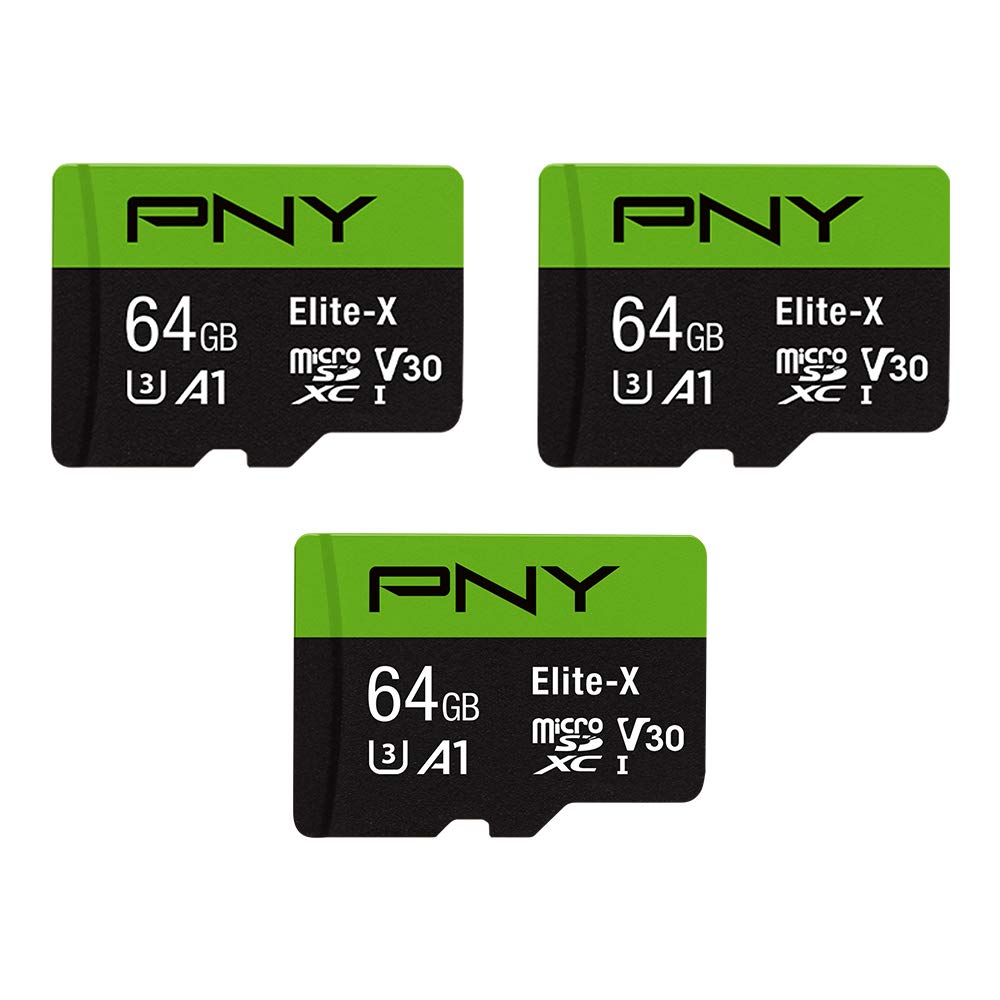 PNY 64 GB Elite-X Class 10 U3 V30 microSDXC-Speicherkarte, 3 Stück (1 Packung) – 100 MB/s, Klasse 10, U3, V30, A1, 4K UHD, Full HD, UHS-I, Micro SD