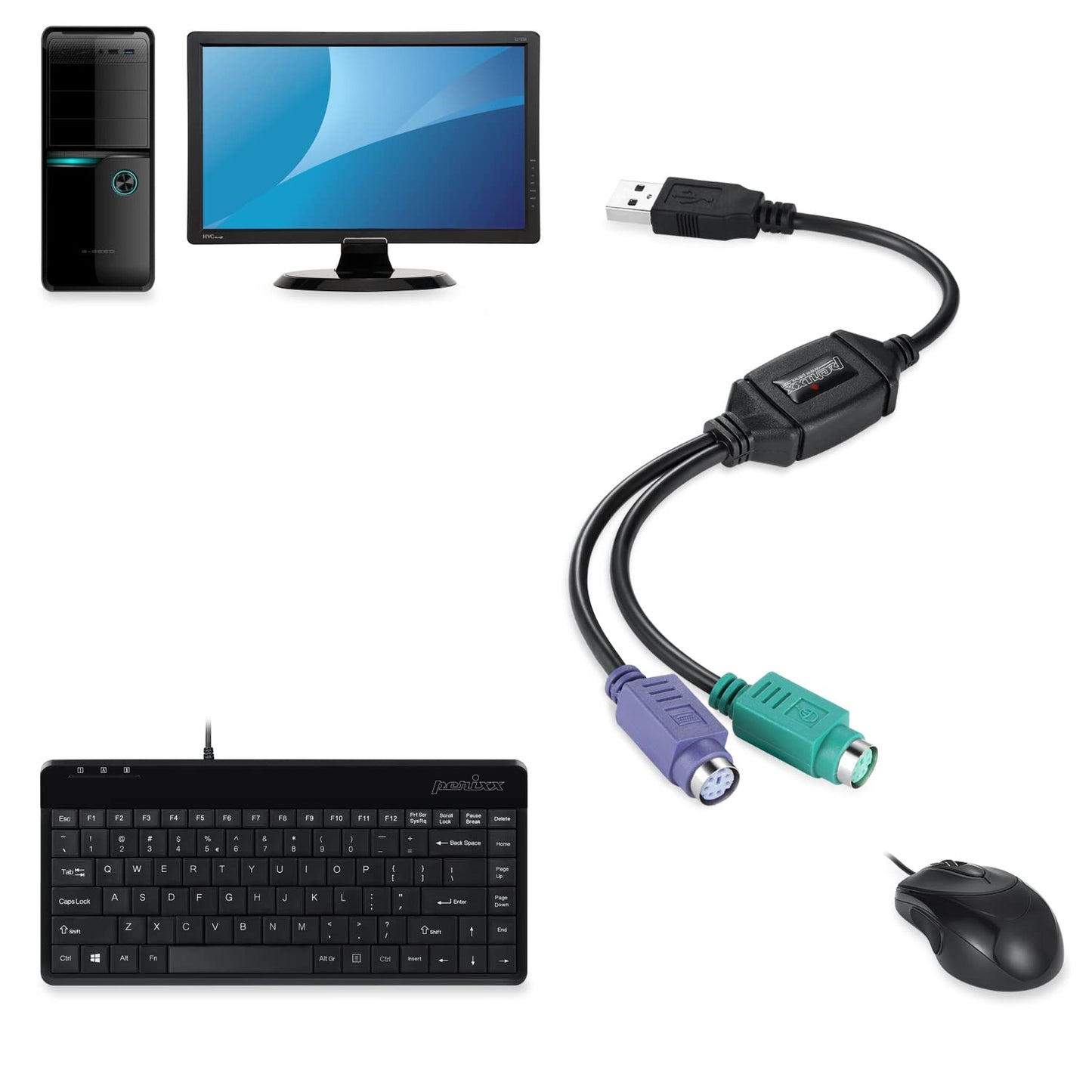 Perixx PERIPRO-401 PS/2-zu-USB-Adapter für Tastatur und Maus – Integrierter USB-Controller – Schwarz