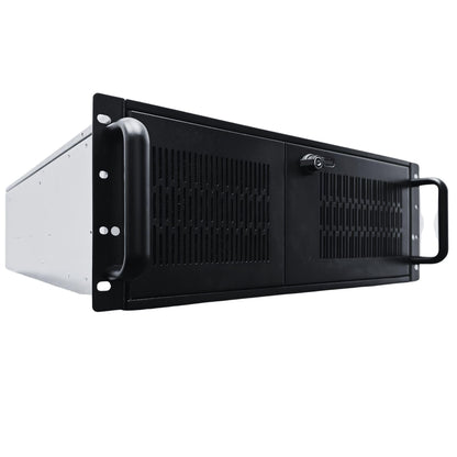 RackOwl 4U Servergehäuse, Rackmount-Servergehäuse; 13 Festplatteneinschübe (10x 3,5" &amp; 3x 5,25"); E-ATX/CEB/EEB/ATX-Mainboards; Lüfter: Vorderseite 2x 120 mm, Mitte 4x 80 mm, Rückseite 2x 80 mm; Frontschloss; Abmessungen: 16,8 x 7,0 x 25,0