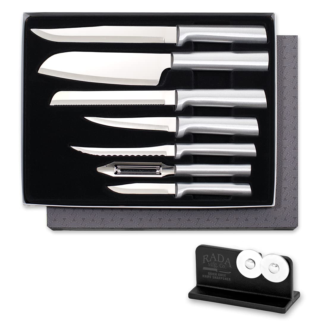 Rada Cutlery 7-piece Starter Knife Gift Set (S38) with Quick Edge Sharpener (R119), Stainless Steel Hollow Ground Blades, Made in USA, Silver Handles