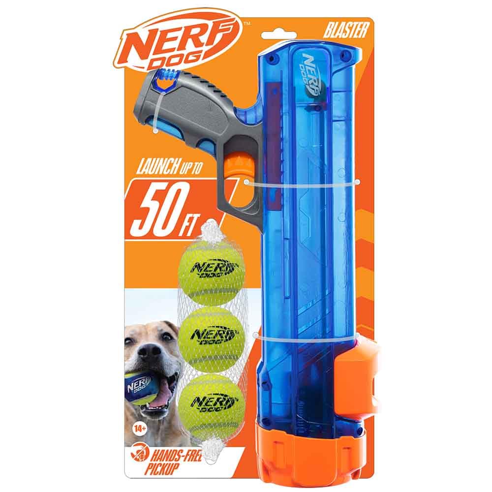 Nerf Dog Tennisball-Blaster Hundespielzeug-Geschenkset, Tennisball-Apportierspielzeug für Hunde, wirft bis zu 15 Meter weit, Hundeballwerfer für alle Rassen, inklusive durchscheinend blauem Tennisballwerfer und 3 Hundetennisbällen