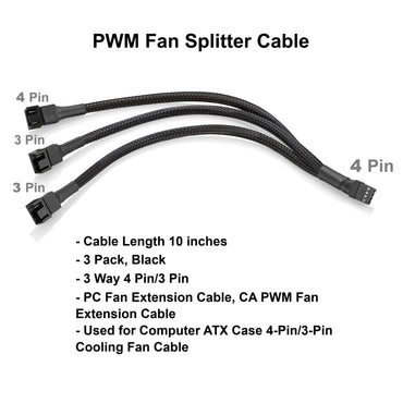 PWM-Lüfter-Splitterkabel, 25 cm, 3er-Pack, Schwarz, 3-fach 4-Pin PC-Lüfter-Verlängerungskabel, CA PWM-Lüfter-Verlängerungskabel, für Computer-ATX-Gehäuse 4-Pin/3-Pin Lüfterkabel