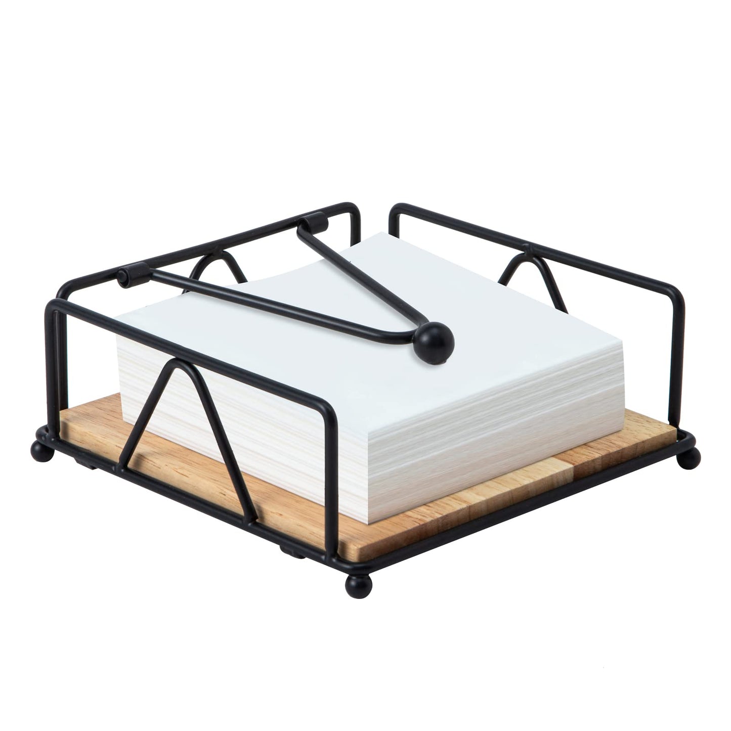 Quadratischer Serviettenhalter – Robuster Tischserviettenspender mit beschwertem Arm, Serviettenaufbewahrung aus Metall mit Holzsockel, Serviettenhalter im Landhausstil für Tisch, Küche und Arbeitsplatten (Schwarz)