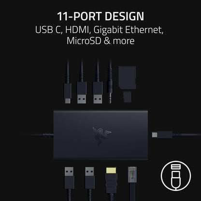 Razer USB-C Dock 11-Port Reise-Ladestation für Windows Mac Laptop, iPad, Surface, Chromebook und Galaxy Tab: USB-C, HDMI, Ethernet, microSD – 4K-Display mit 60 Hz – 85-W-Schnellladefunktion für Tablets und Mobilgeräte