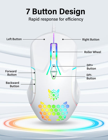 ONITOON Wired USB Mouse, Computer Mouse with RGB Lighting, 4 Adjustable DPI, Ergonomic Optical Office Mouse, 7 Buttons Corded Mice for Window/PC/Laptop/Desktop/Mac/Chromebook, White