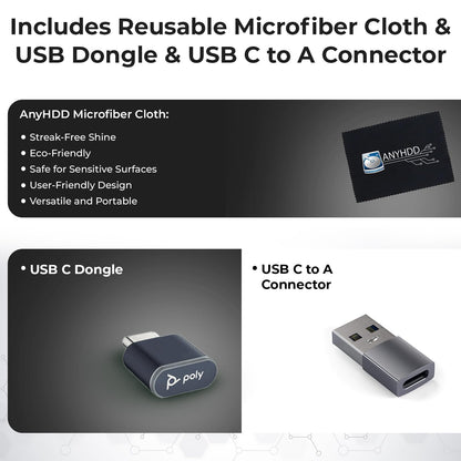 Poly Voyager 4320 UC Kabelloses Headset &amp; Ladestation – Stereo-Kopfhörer mit geräuschunterdrückendem Mikrofonarm + Ladestation + USB-C-auf-A-Adapter + USB-C-Dongle + USB-Netzkabel + Tasche + Mikrofasertuch