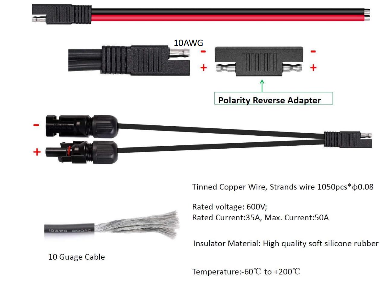 Solarmodul-Steckverbinder 10AWG, kompatibel mit MC-4 Solarstecker auf SAE-Adapter, PV-Verlängerungskabel für Wohnmobil- und Wohnwagen-Solarmodule, Batterieladegerät-Set mit zwei SAE-zu-SAE-Adaptern mit umgekehrter Polarität