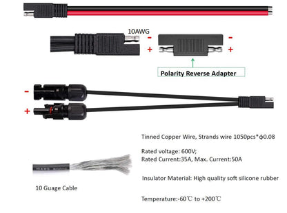 Solarmodul-Steckverbinder 10AWG, kompatibel mit MC-4 Solarstecker auf SAE-Adapter, PV-Verlängerungskabel für Wohnmobil- und Wohnwagen-Solarmodule, Batterieladegerät-Set mit zwei SAE-zu-SAE-Adaptern mit umgekehrter Polarität