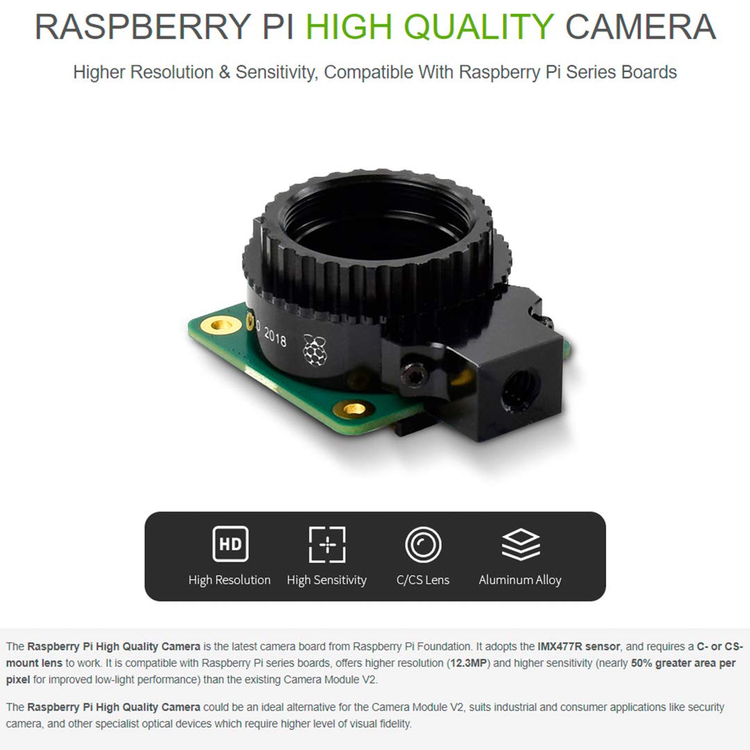 Raspberry Pi HQ Kameramodul mit Gehäuse für Raspberry Pi 4B/3B+/3B/2B/A+/Zero/W/Zero WH, 12,3 MP IMX477 Sensor, unterstützt C- und CS-Mount-Objektive, Alternative zum Raspberry Pi Kameramodul V2 (8 Artikel)