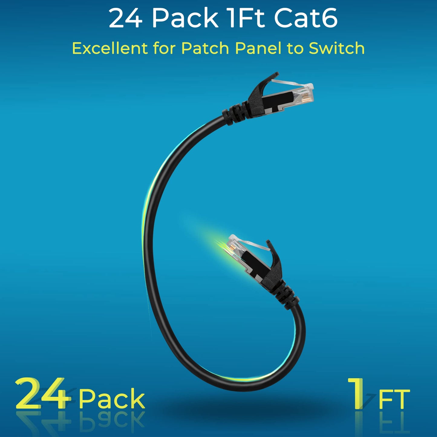 Rapink Patchkabel Cat6, 30 cm (24er-Pack), Ethernet-Patchkabel 10G, Cat-6-Patchkabel für Patchpanel zu Switch, flexibles Cat-6-Ethernetkabel mit vergoldeten schwarzen Adern