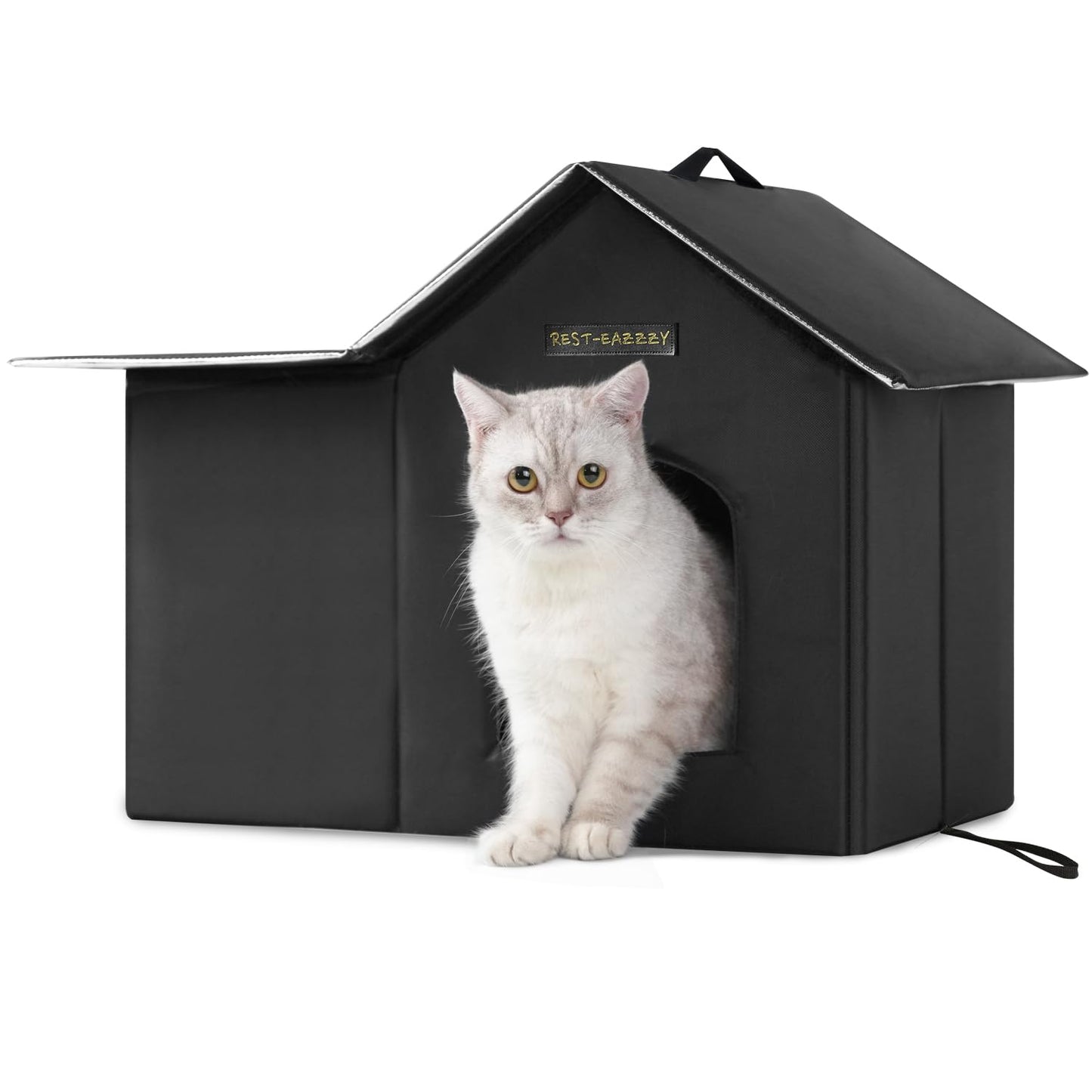 Rest-Eazzzy Outdoor-Katzenhaus, isoliertes Katzenhaus für Wildkatzen mit Matte und Clip, wetterfest und isoliert, Katzenbett für Katzen, Kätzchen und Welpen, weht nicht weg (Schwarz, M 33 x 43 x 51 cm)