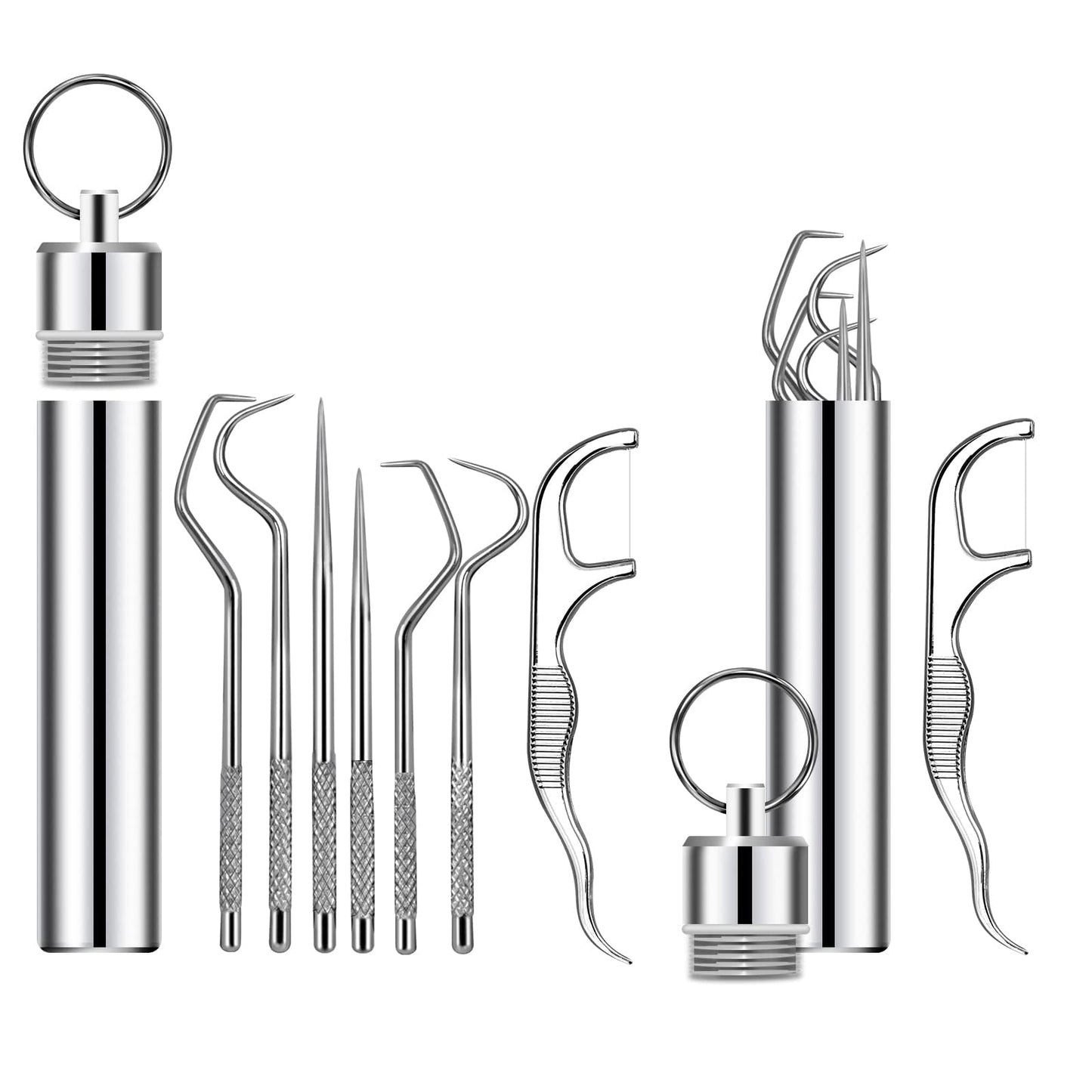 Ninelimi 7-teiliges tragbares Zahnstocher-Set aus Edelstahl (2er-Pack), wiederverwendbares Zahnstocher-Reinigungsset aus Metall mit Halter für Outdoor-Aktivitäten wie Picknick, Camping und Reisen