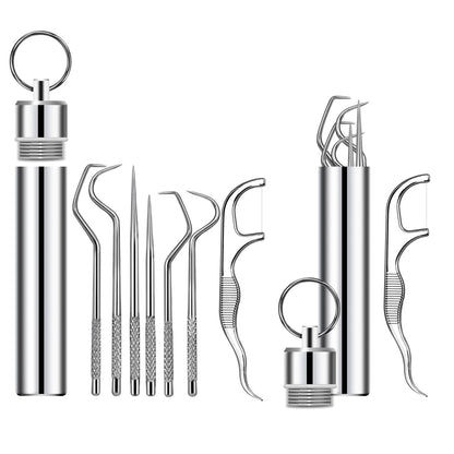 Ninelimi 7-teiliges tragbares Zahnstocher-Set aus Edelstahl (2er-Pack), wiederverwendbares Zahnstocher-Reinigungsset aus Metall mit Halter für Outdoor-Aktivitäten wie Picknick, Camping und Reisen