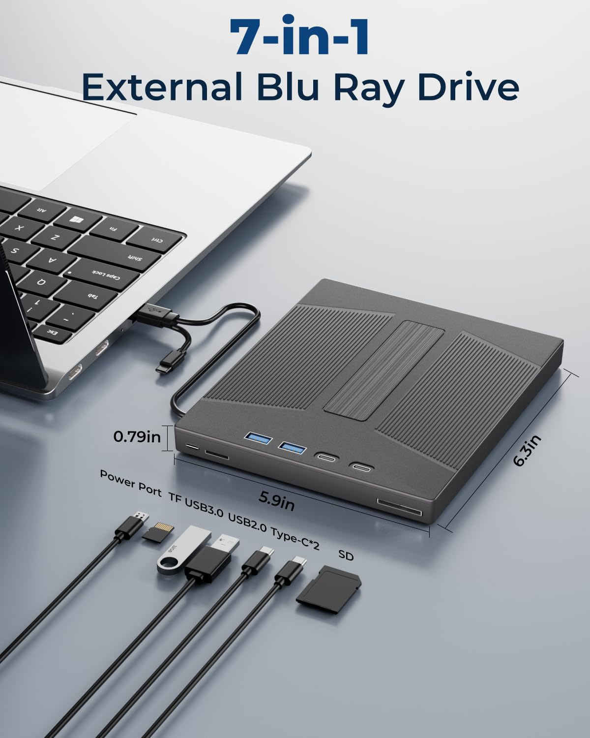 Taopjwr 100GB BDXL 7-in-1 Externes Blu-ray-Laufwerk, USB 3.0 &amp; Typ-C High-Speed ​​Blu-ray-Brenner &amp; SD/TF-Kartenleser, kompatibel mit PC, Mac, Linux, Laptop und Desktop