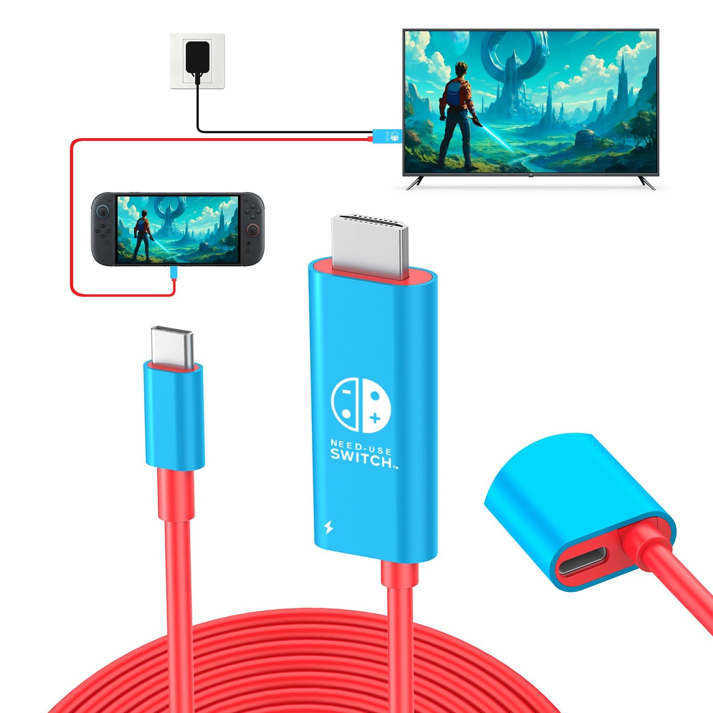 Switch 2 Dock Station HDMI-Kabeladapter 4K@60Hz 18Gbps 6,7ft PD 100W USB C auf HDMI 2.0 Konverter, Tragbares Reise-TV-Anschlusskabel Kompatibel mit Nintendo Switch 2/OLED/Nintendo Switch-Blau