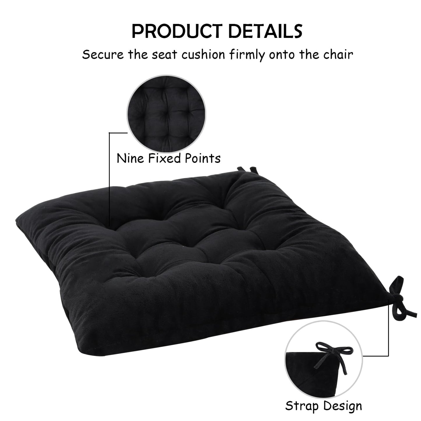MissSoul Set of 2 Chair Cushions for Dining Chairs with Ties, Indoor Non-Slip Kitchen Chair Pad and Dining Room Seat Cushion Mat for Office Living Room Outdoor 15.5" - Black