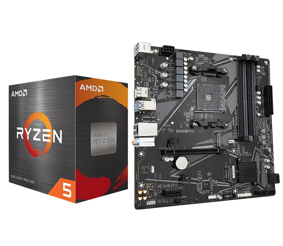 Micro Center AMD Ryzen 5 5500 Desktop-Prozessor mit GIGABYTE B550M K Motherboard (Micro-ATX, DDR4, Dual M.2, SATA 6Gb/s, PCIe 4.0)