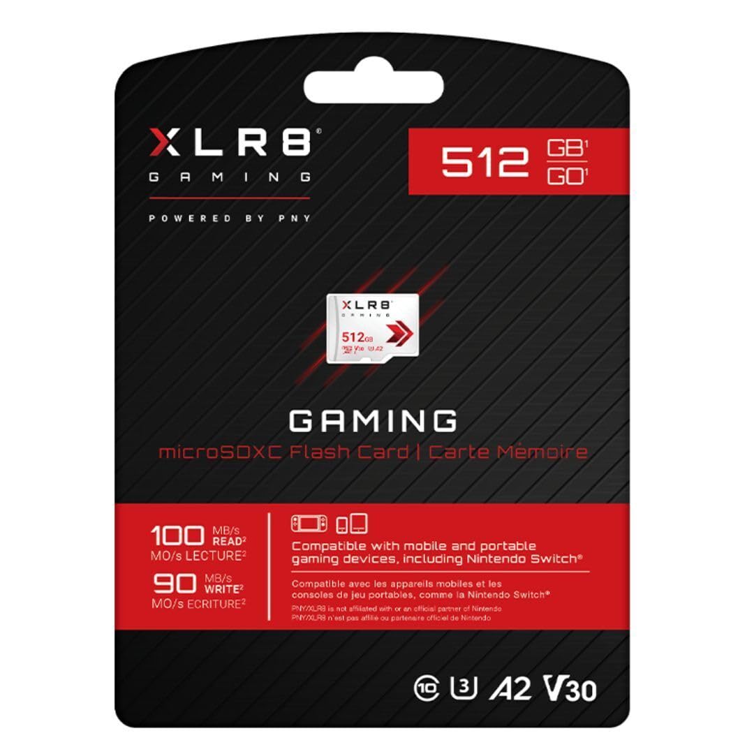 PNY 512GB XLR8 Gaming microSDXC Speicherkarte - 100MB/s, UHS-I, 4K UHD, Full HD, U3, V30, A2 - Micro SD für tragbare Konsolenspiele auf Nintendo Switch, Steam Deck, Smartphones und Tablets