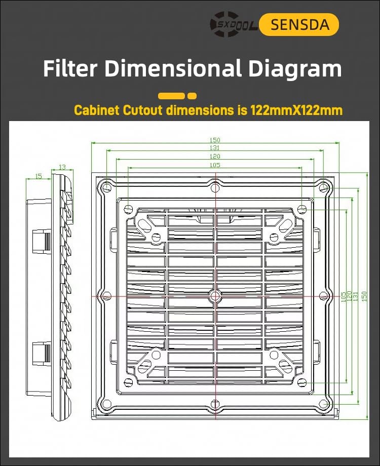 SXDOOL #803 Schwarzes 150x150mm Lüfterfilter-Set für Gehäuse, 120mm x 38mm AC/EC Lüfter, 115V/230V, staubdicht und wasserdicht