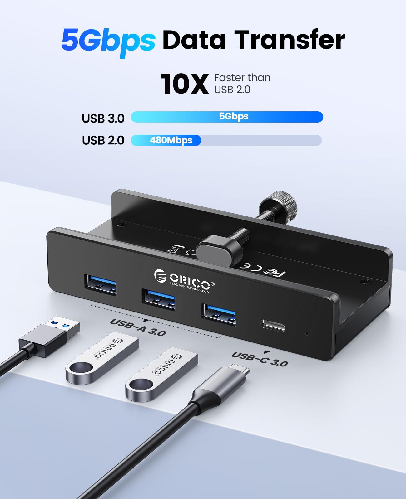ORICO USB-Hub 3.0, Klemm-USB-Hub mit zusätzlichem Netzteilanschluss, Aluminium-USB-Adapter mit 4 Ports, 3 USB-A-Datenanschlüssen und USB-C-Anschluss für Monitore und Schreibtische (Schwarz)
