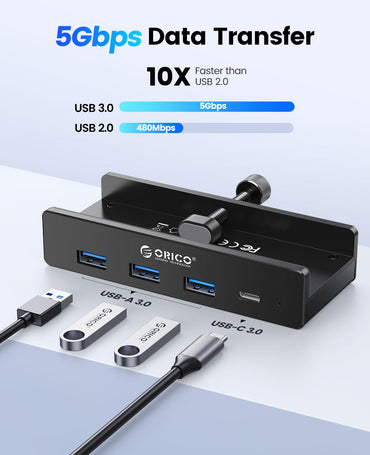 ORICO USB-Hub 3.0, Klemm-USB-Hub mit zusätzlichem Netzteilanschluss, Aluminium-USB-Adapter mit 4 Ports, 3 USB-A-Datenanschlüssen und USB-C-Anschluss für Monitore und Schreibtische (Schwarz)
