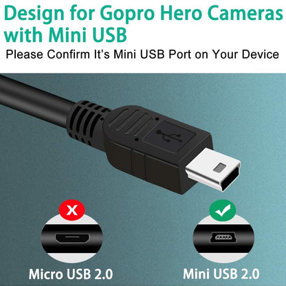 Mini-USB-Kabel für GoPro Hero 4, 3, 2, 30-90 cm (1-3 Fuß) zum Datensynchronisieren und Laden der Kamera, USB-A-auf-Mini-B-Schnellladekabel für GoPro Hero 3+ (Silber, Schwarz, Weiß)
