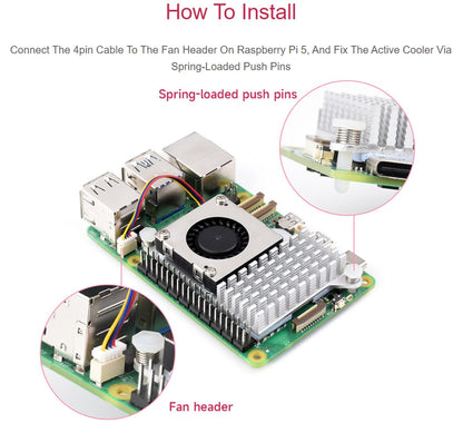 Offizieller aktiver Kühler für Raspberry Pi 5, kombiniert einen Aluminium-Kühlkörper mit einem temperaturgesteuerten Lüfter zur Beschleunigung der Wärmeableitung