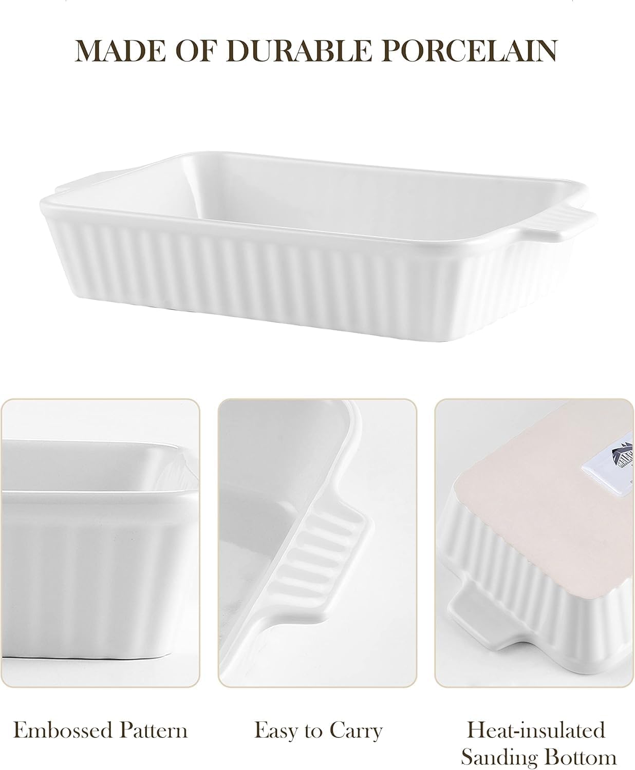 MALACASA Auflaufformen für den Backofen, Porzellan-Backformen, Keramik-Backformen-Sets, 4-teilig, rechteckige Lasagneformen mit Griffen, Weiß (23,9 cm/28,2 cm/31 cm/37,3 cm), Serie 