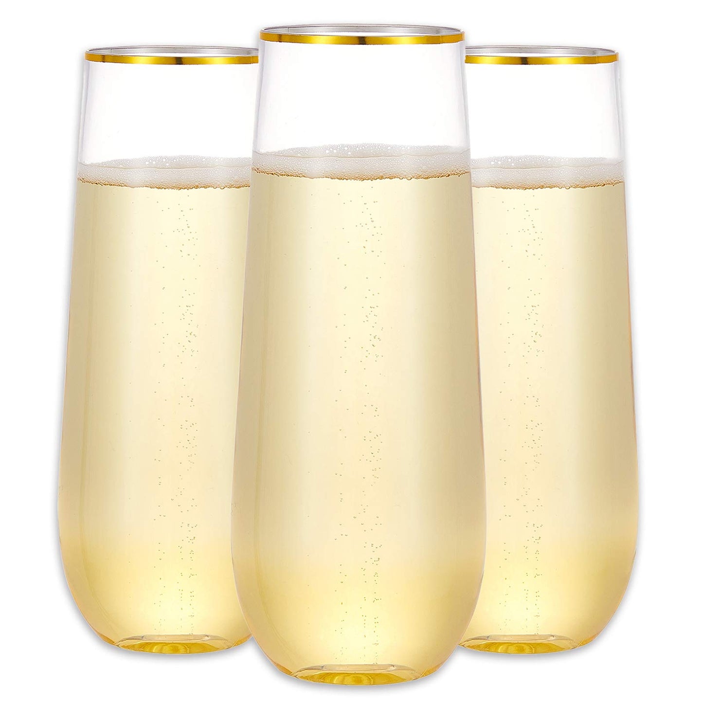N9R 12er-Set Champagnerflöten aus Kunststoff, 270 ml, stielos, Einweg-Toastgläser mit Goldrand, kristallklare Cocktailbecher, bruchsicher, ideal für Partys, Hochzeiten und Geburtstage