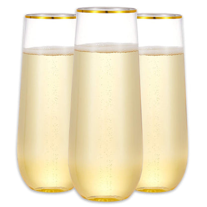 N9R 12er-Set Champagnerflöten aus Kunststoff, 270 ml, stielos, Einweg-Toastgläser mit Goldrand, kristallklare Cocktailbecher, bruchsicher, ideal für Partys, Hochzeiten und Geburtstage