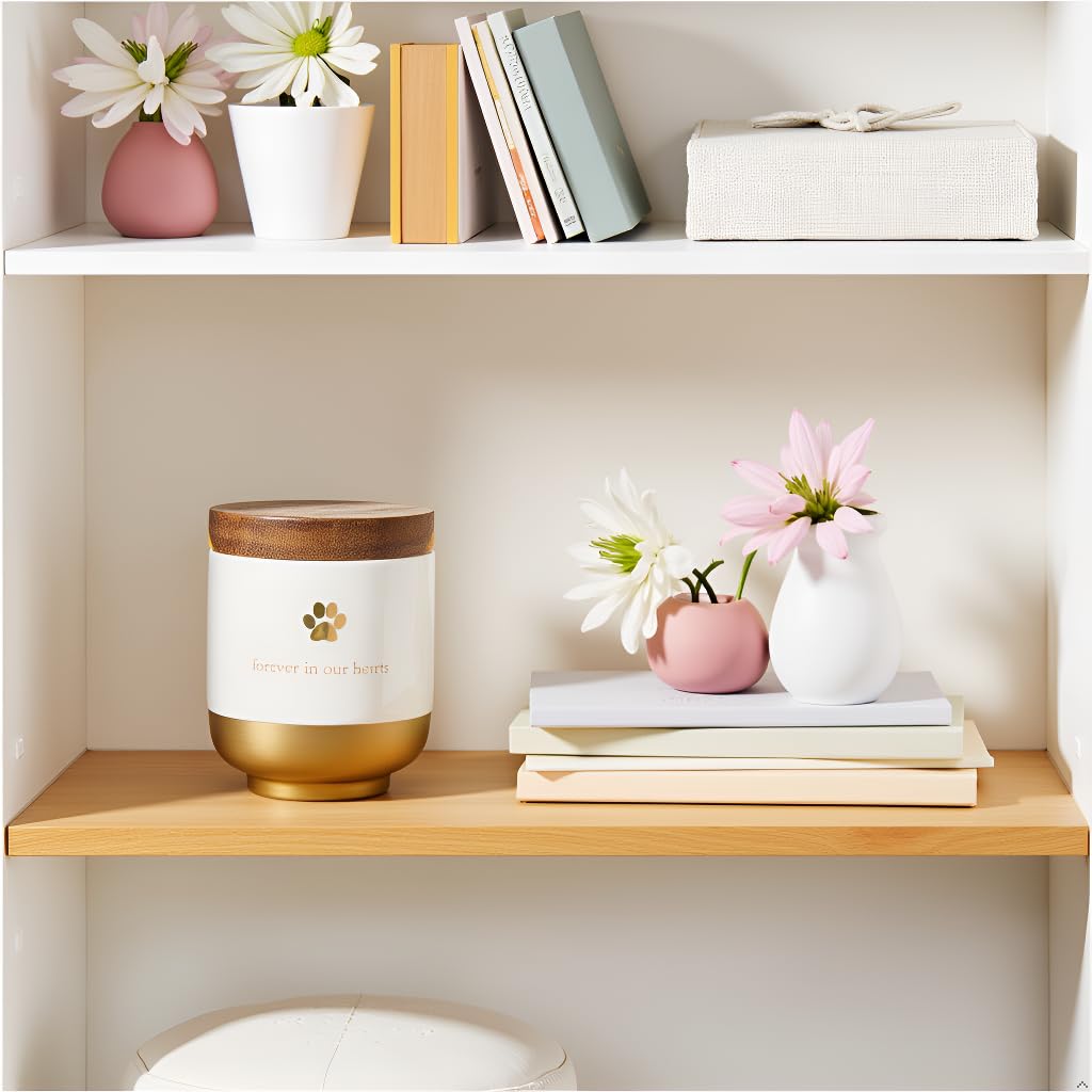 Pearhead Keramik-Urne „Für immer in unseren Herzen“, Haustier-Gedenkurne, Erinnerungsurne für Hunde oder Katzen, Regenbogenbrücke, Gold