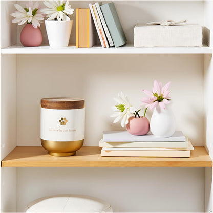 Pearhead Keramik-Urne „Für immer in unseren Herzen“, Haustier-Gedenkurne, Erinnerungsurne für Hunde oder Katzen, Regenbogenbrücke, Gold