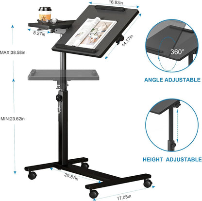 Panta Höhenverstellbarer Laptopständer mit Rollen, Betttisch mit 2 neigbaren Tischplatten, mobiler Laptoptisch für Sofa und Couch mit Getränkehalter, mobiler Computerarbeitsplatz für Büro, Zuhause und Krankenhaus