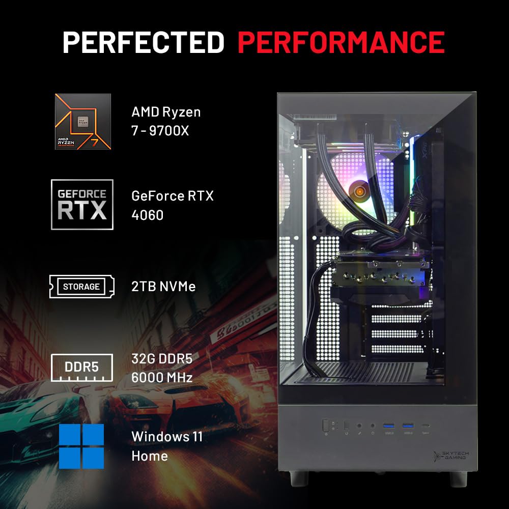 Skytech Gaming Azure 3 Desktop-PC, Ryzen 7 9700X 3,8 GHz (5,5 GHz), NVIDIA RTX 4060 8 GB, 2 TB NVMe SSD, 32 GB DDR5 RAM 6000 RGB, 650-W-Gold-Netzteil, 360-mm-ARGB-AIO-Wasserkühlung, WLAN, Windows 11