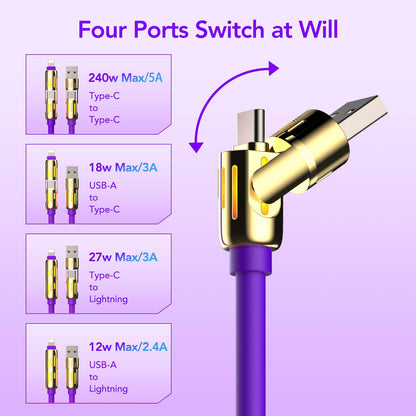 MFish 240W 4-in-1 Universal-USB-Ladekabel [2er-Pack, 2 m] - Schnellladekabel mit USB-A, Dual-USB-C und Lightning, für iPhone 14/15/16/17 Serie, iPad, MacBook und mehr (2er-Pack, Lila + Grün, 2 m)