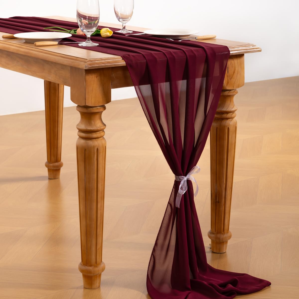 Socomi Tischläufer aus burgunderrotem Chiffon, Herbst-, Thanksgiving-, Boho- und rustikaler Stil, 3 m (29 x 120 Zoll), Hochzeitsläufer, transparent, Brautparty-Dekoration