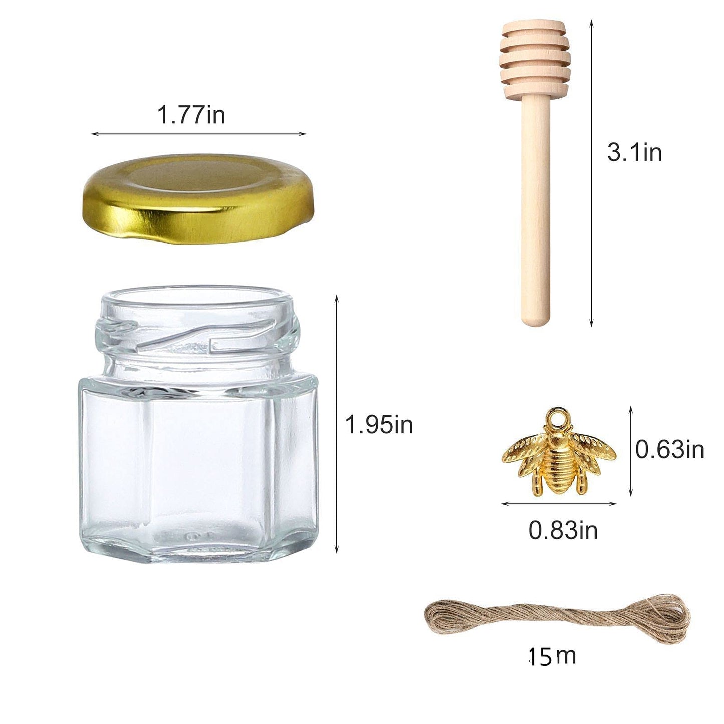 XING-RUIYANG 1,5 oz Sechseckige Mini-Honiggläser aus Glas - 30er-Pack Honiggläser mit Holzlöffel, goldenem Deckel, Bienenanhängern und Jutebeuteln - Perfekt für Babypartys, Hochzeitsgeschenke und Partygeschenke