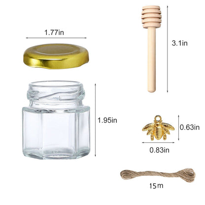 XING-RUIYANG 1,5 oz Sechseckige Mini-Honiggläser aus Glas - 30er-Pack Honiggläser mit Holzlöffel, goldenem Deckel, Bienenanhängern und Jutebeuteln - Perfekt für Babypartys, Hochzeitsgeschenke und Partygeschenke