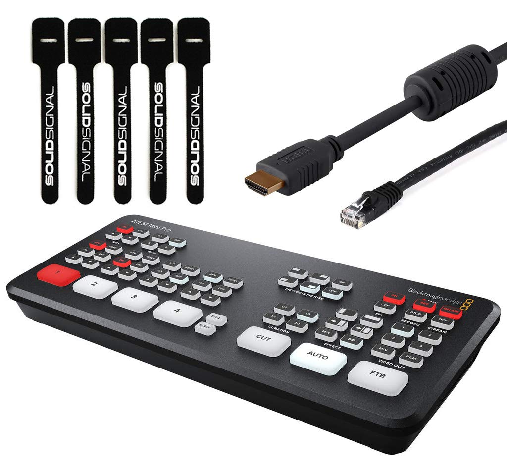 Blackmagic Design ATEM Mini Pro ISO HDMI Live Stream Switcher Bundle mit 6' HDMI-Kabel, 7' Cat5e-Kabel und 5er-Pack SolidSignal Kabelbindern (SWATEMMINIBPRISO) 