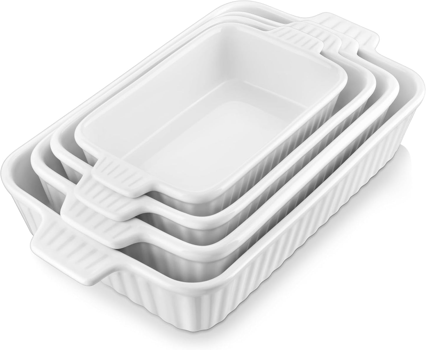 MALACASA Auflaufformen für den Backofen, Porzellan-Backformen, Keramik-Backformen-Sets, 4-teilig, rechteckige Lasagneformen mit Griffen, Weiß (23,9 cm/28,2 cm/31 cm/37,3 cm), Serie 