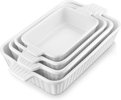 MALACASA Auflaufformen für den Backofen, Porzellan-Backformen, Keramik-Backformen-Sets, 4-teilig, rechteckige Lasagneformen mit Griffen, Weiß (23,9 cm/28,2 cm/31 cm/37,3 cm), Serie 